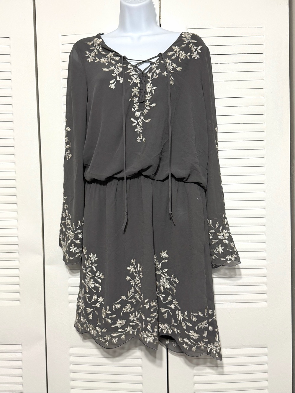 Gray Whimsigoth Embroidered Lace-Up Mini Dress